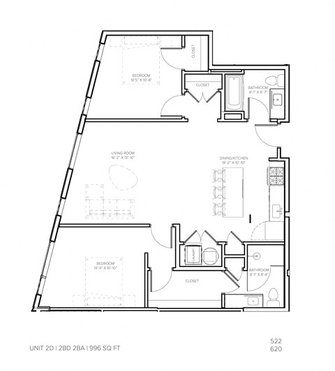 Floor plan for 2 beds, 2 baths, 996 sqft